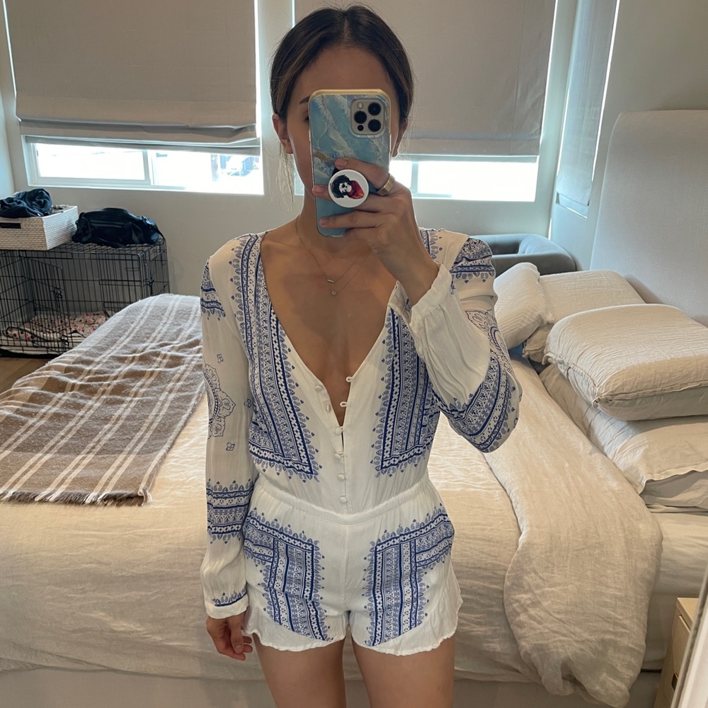 REVOLVE White & Blue Romper, Size XS